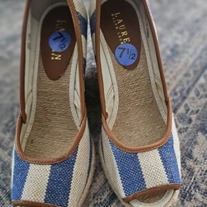 Lauren Ralph Lauren Blue and White  Wedge Wicker Women's Shoes 7.5